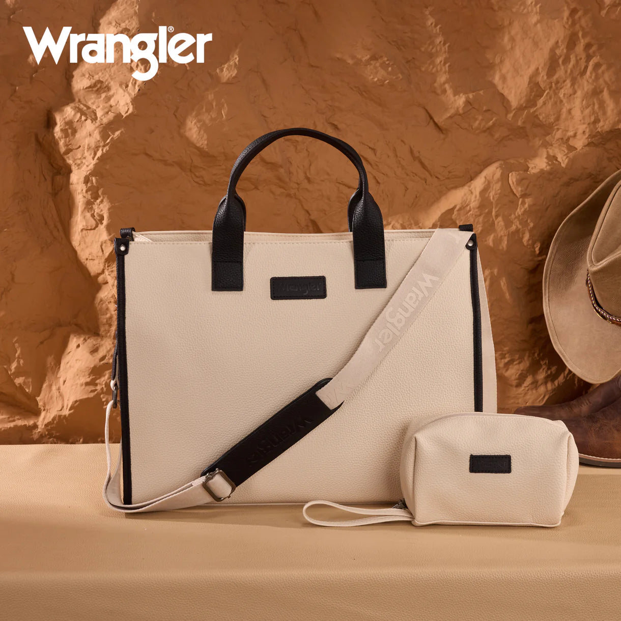 WG390-8110 Wrangler Structured Work Tote/Large Carry-All Tote/Crossbody with Pouch - Black-Beige