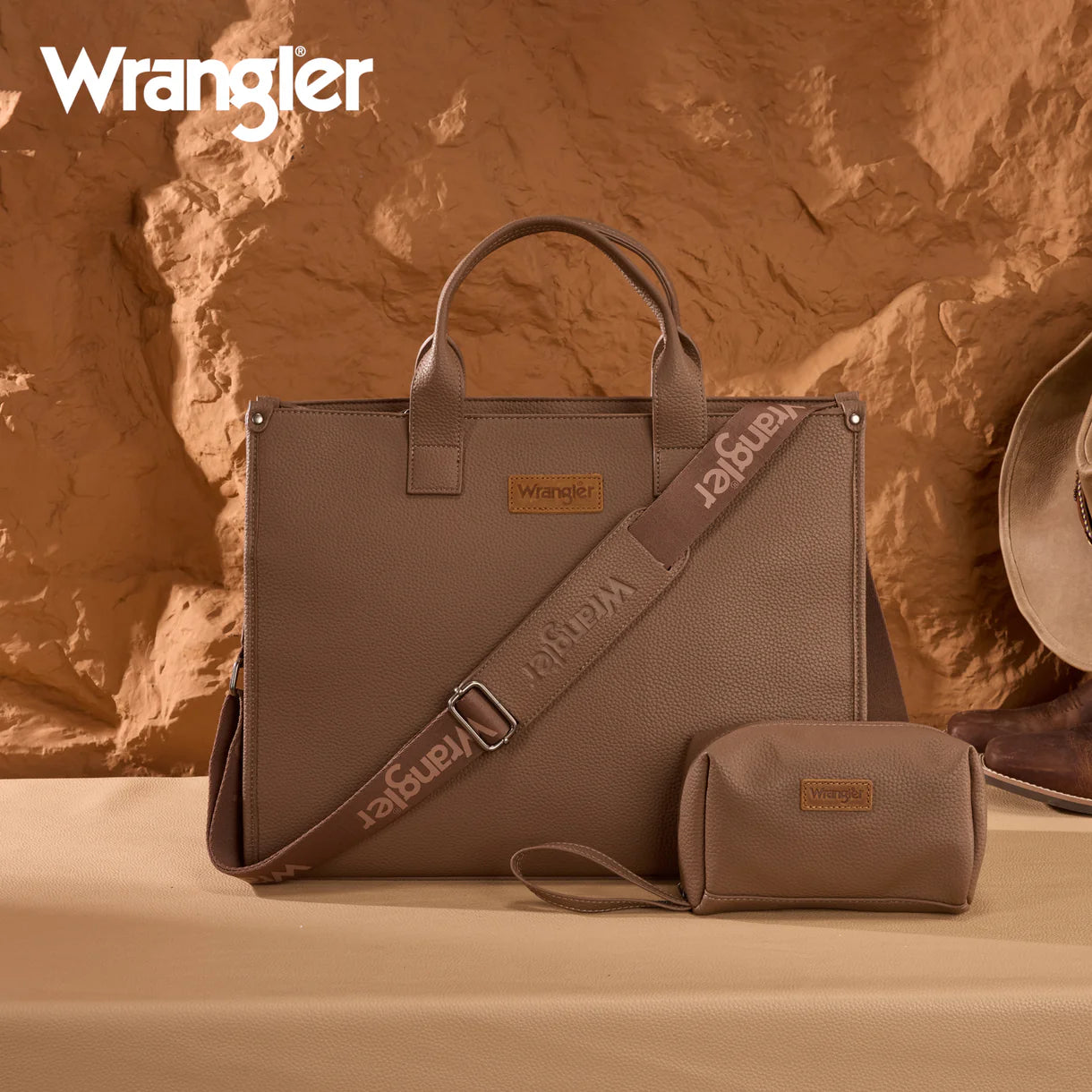 WG390-8110 Wrangler Structured Work Tote/Large Carry-All Tote/Crossbody with Pouch - Camel