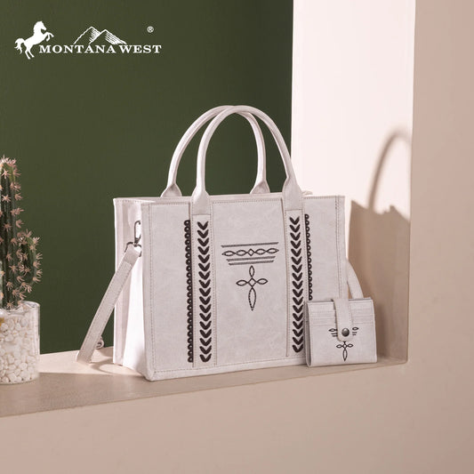 Montana West Whipstitch Concealed Carry Tote With Matching Bi-Fold Wallet -Tan