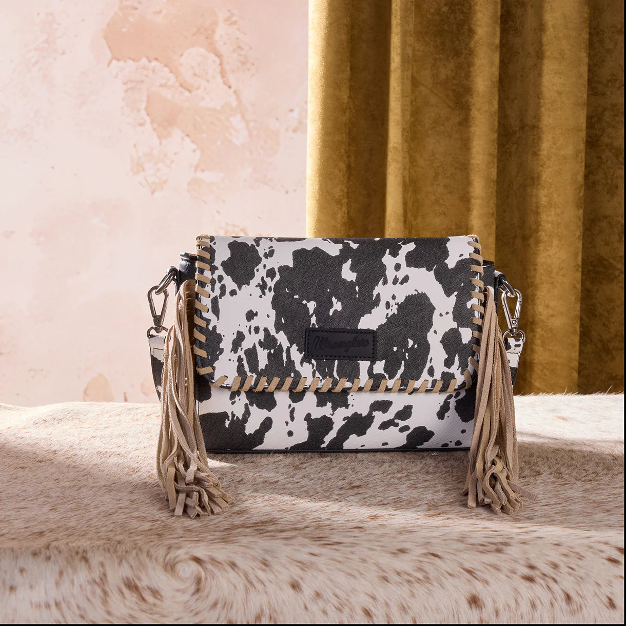 Wrangler Cow Print Fringe Crossbody Bag - Black