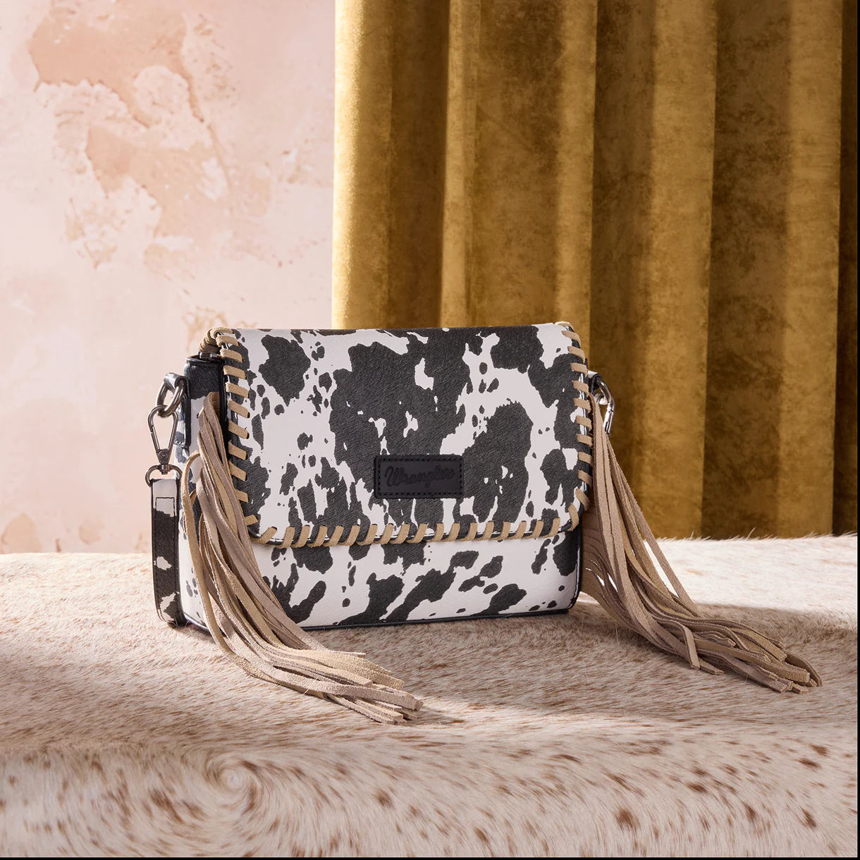 Wrangler Cow Print Fringe Crossbody Bag - Black
