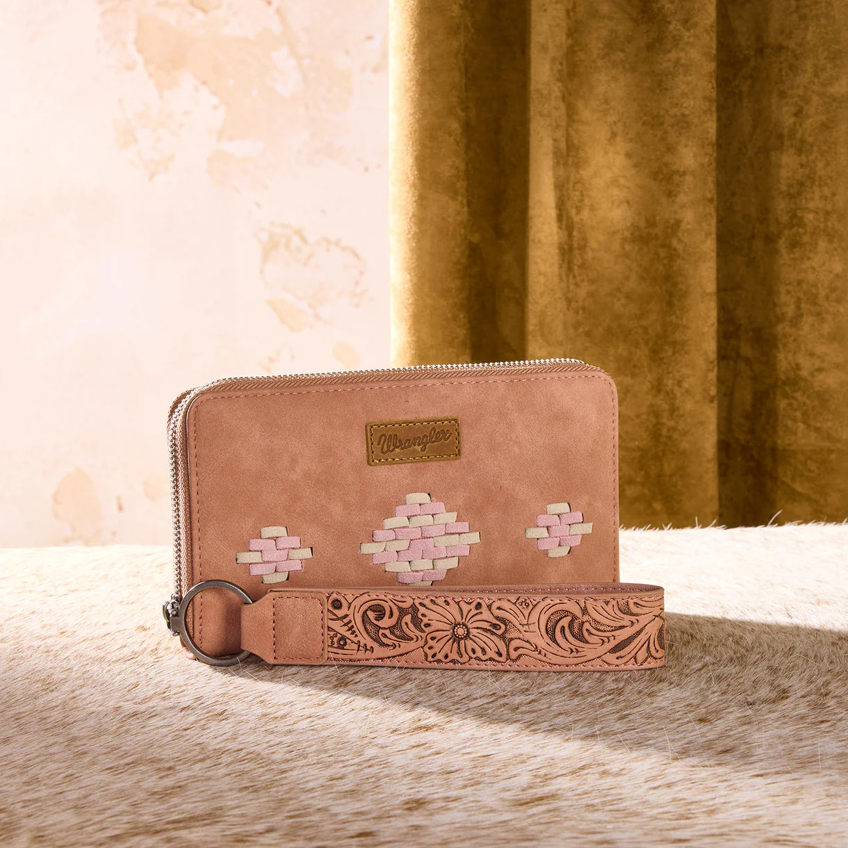WG310-W006DPK Wrangler Aztec Woven Zip Around Wallet with Wristlet –Dark Pink