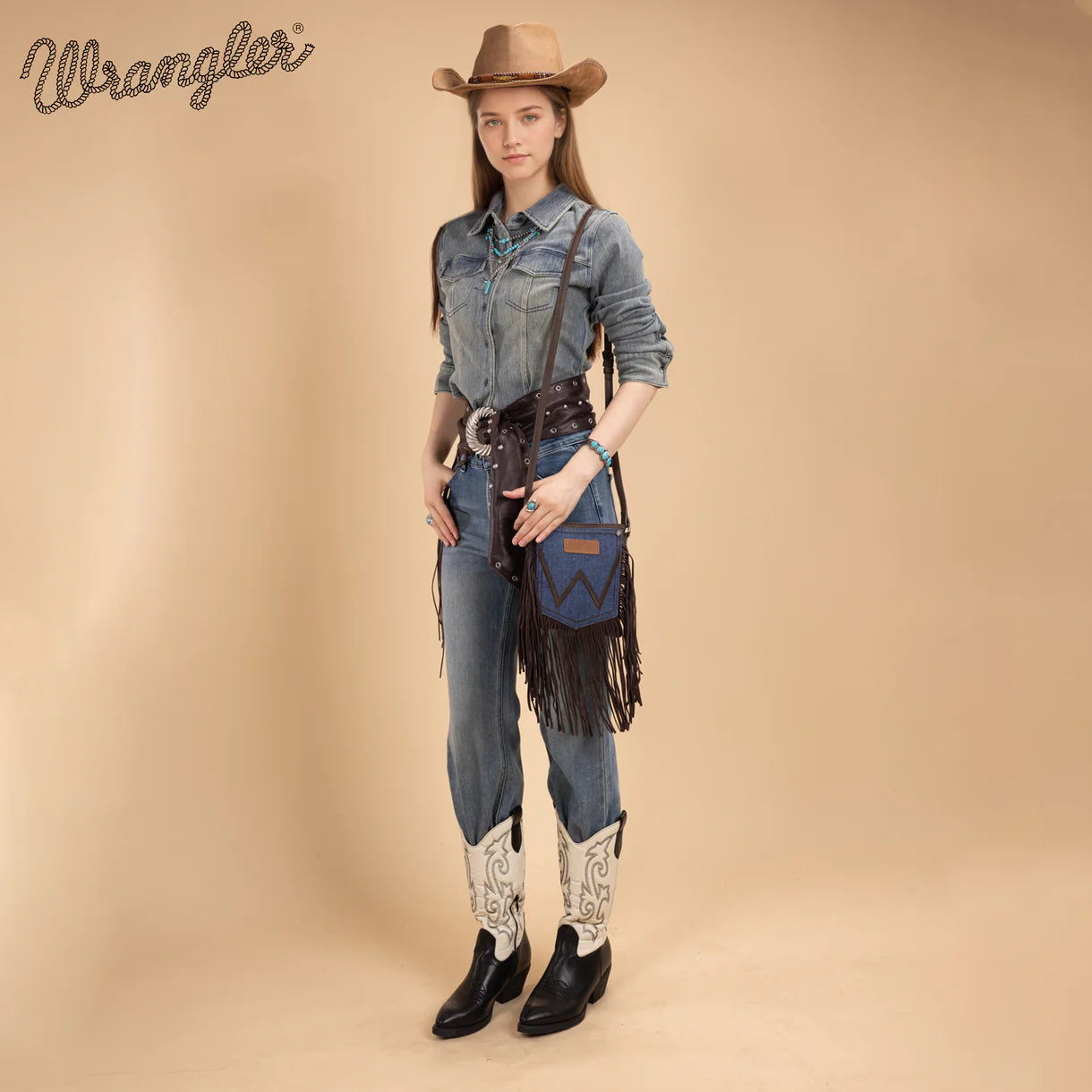 WG367-8360 Wrangler Leather Fringe Jean Denim Pocket Crossbody - Coffee