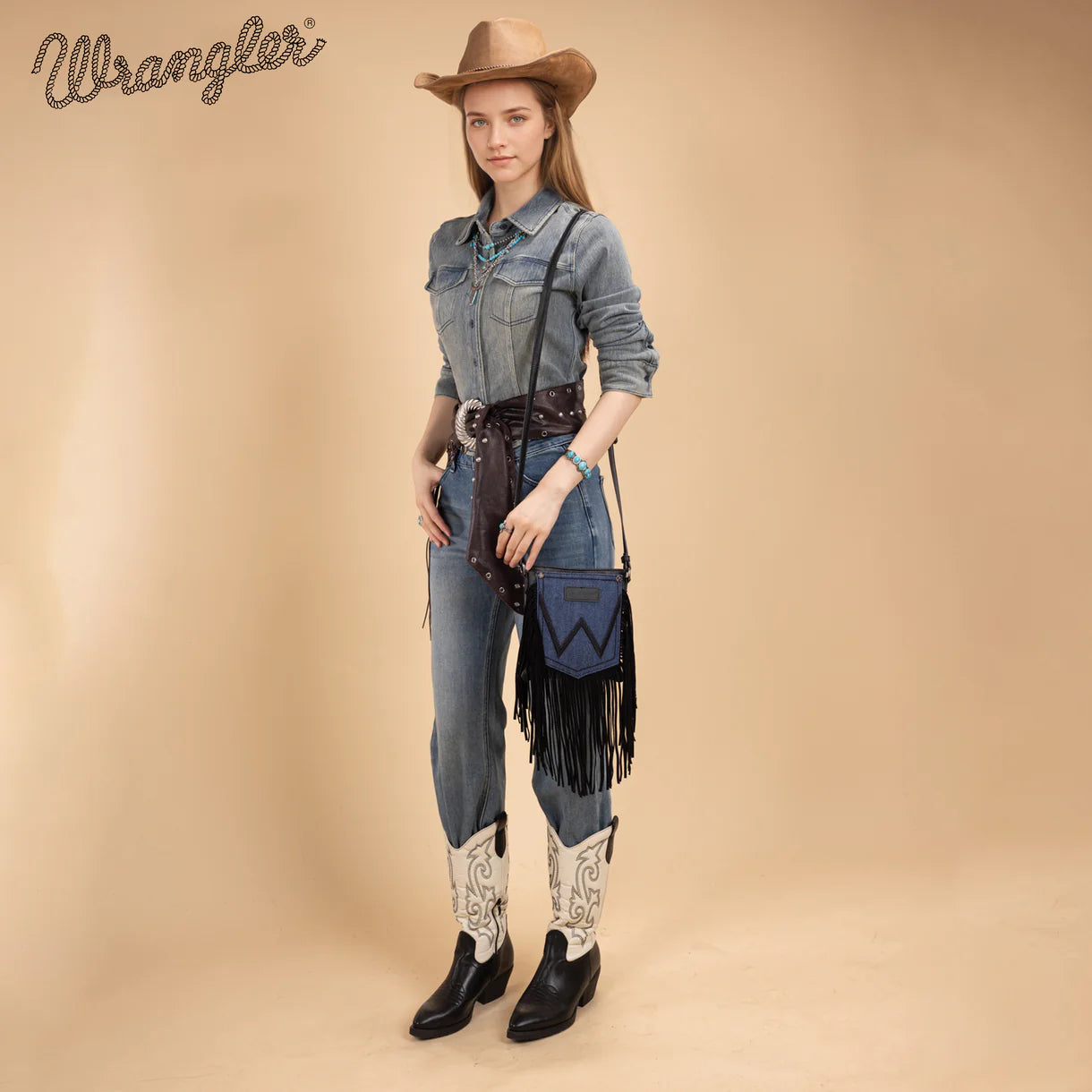 WG367-8360 Wrangler Leather Fringe Jean Denim Pocket Crossbody - Black