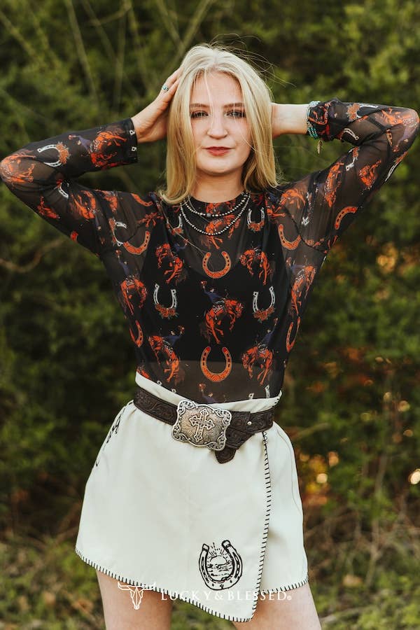 Black Cowboy Horse Shoe Printed Long Sleeve Mesh Top