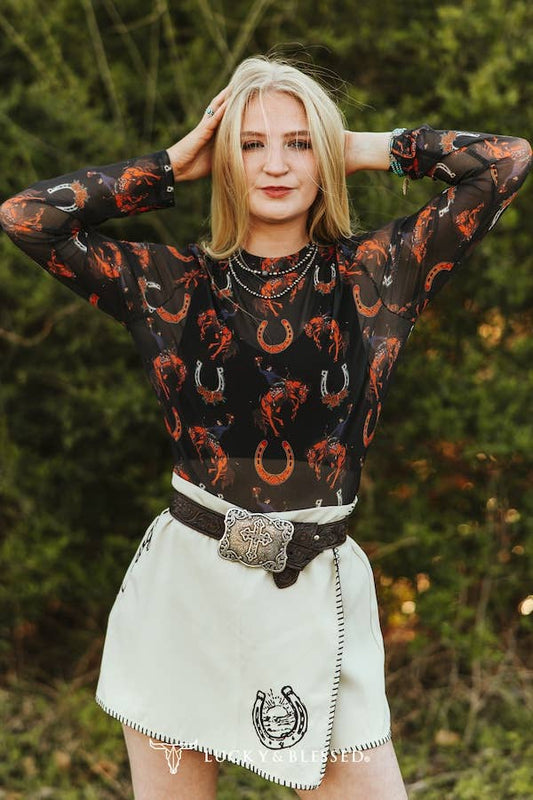 Black Cowboy Horse Shoe Printed Long Sleeve Mesh Top