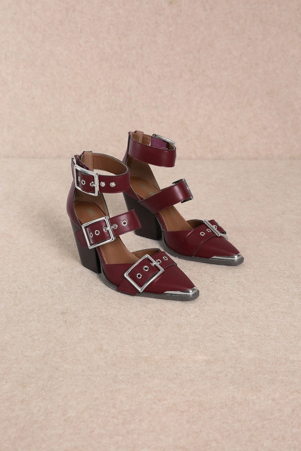 Hendrix Triple Belt Strap Pointed Toe Block Heels