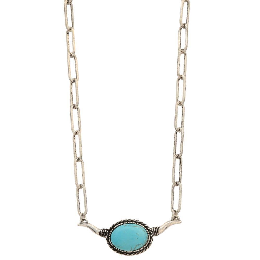 WESTERN TURQUOISE BEAD CATTLE HORN PENDANT NECKLAC, SN 0561