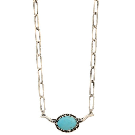 WESTERN TURQUOISE BEAD CATTLE HORN PENDANT NECKLAC, SN 0561