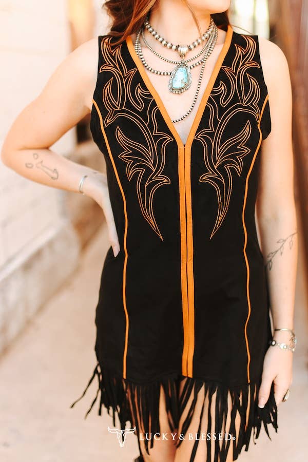 Black Stretch Suede Camel Embroiderd Piping Fringe Hem Dress