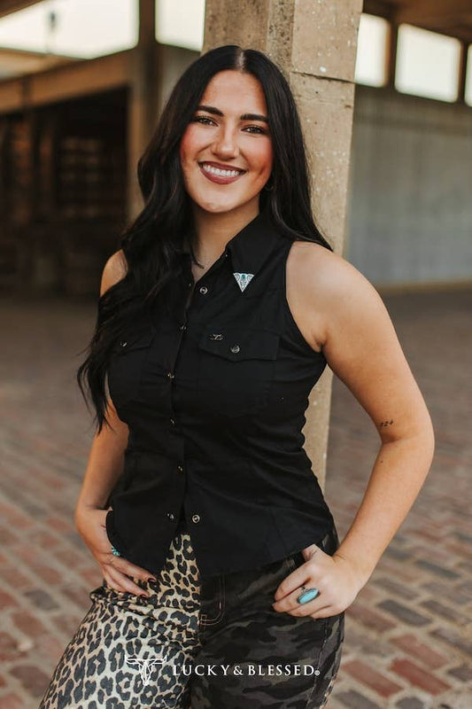 Black Sleeveless Snap Button Down Collared Concho Tip Shirt