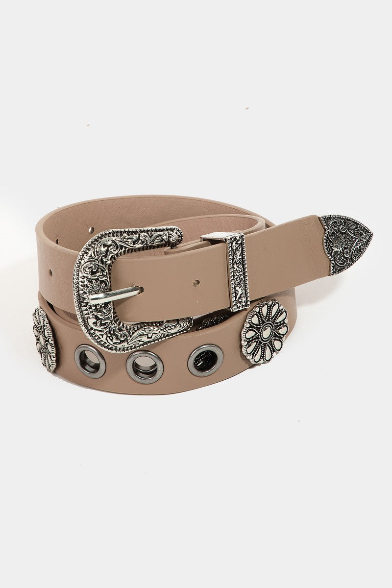 Western Etched Buckle Vegan Leather Belt