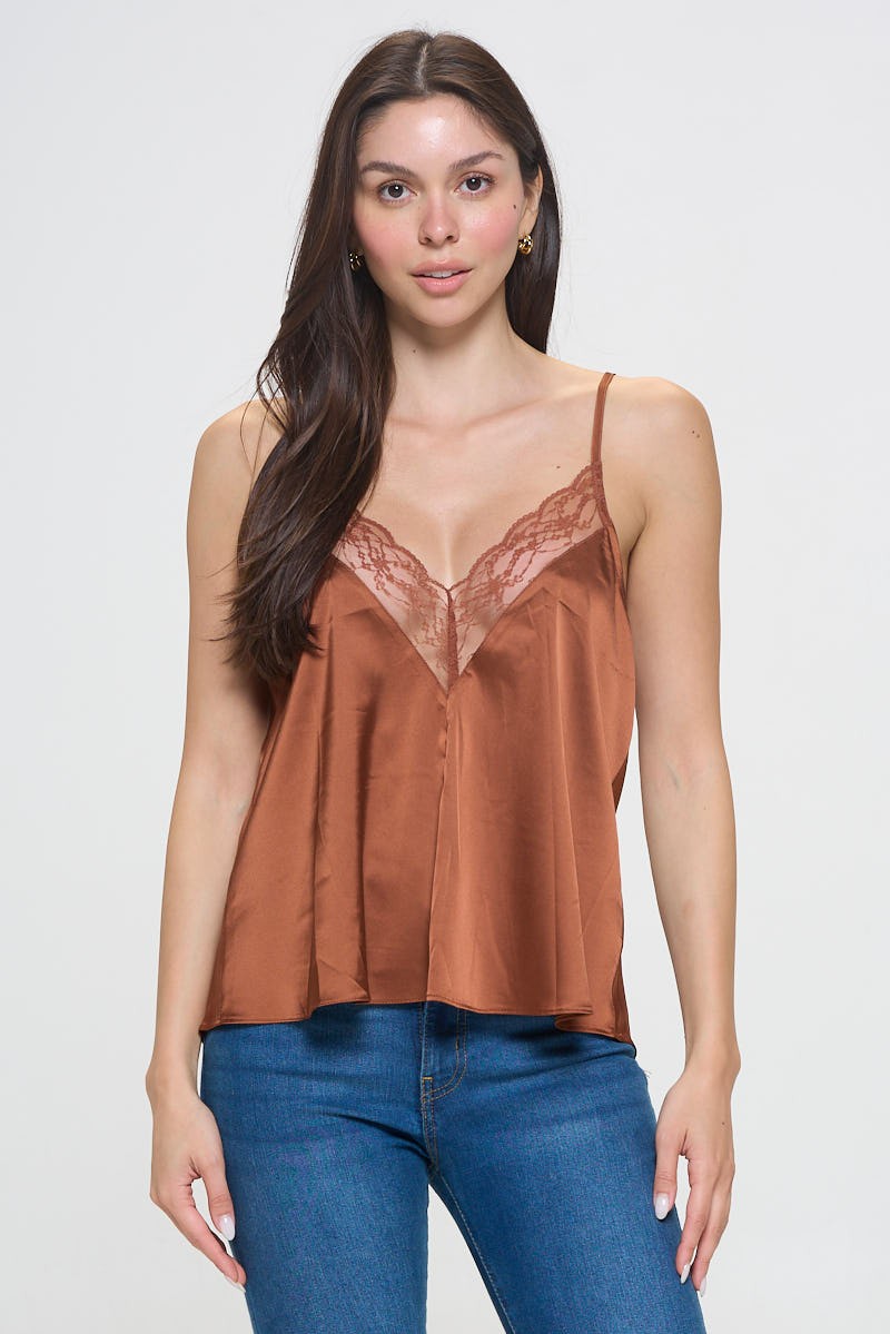 Satin V Neck Lace Cami Top