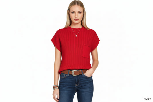 Mock Neck Short Sleeve Sweater- Ruby
