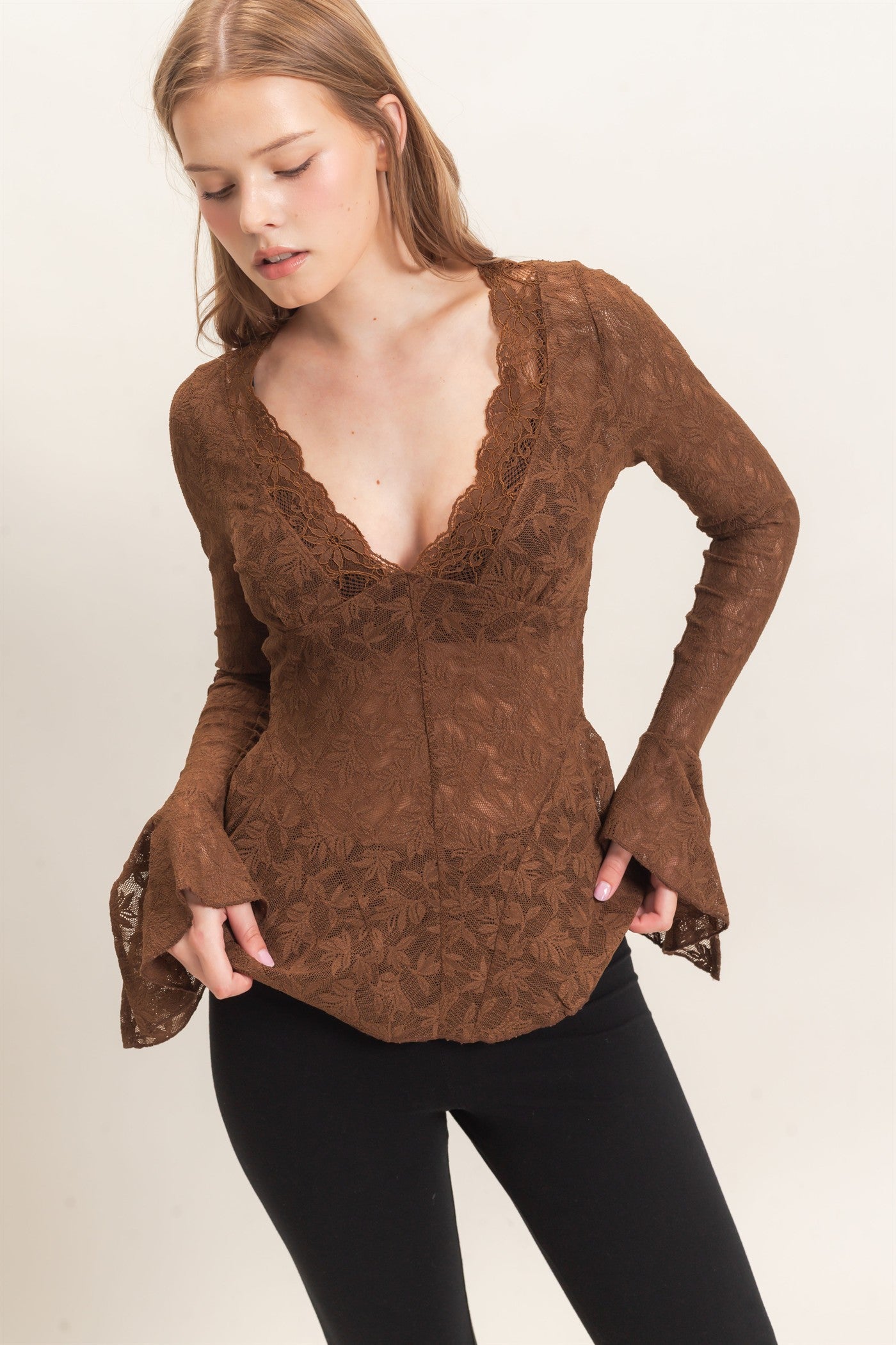 Lace V-neck Flare Sleeve Top
