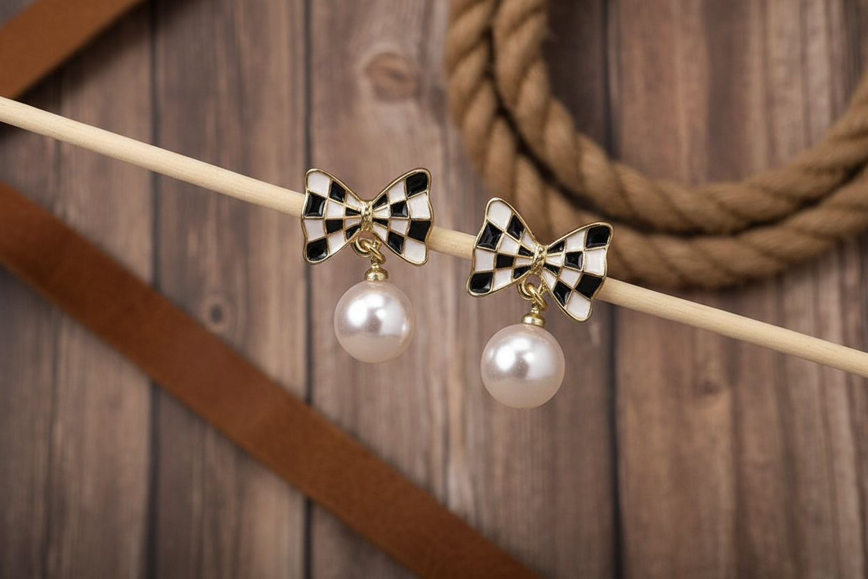Checker Bow Pearl Drop Earrings