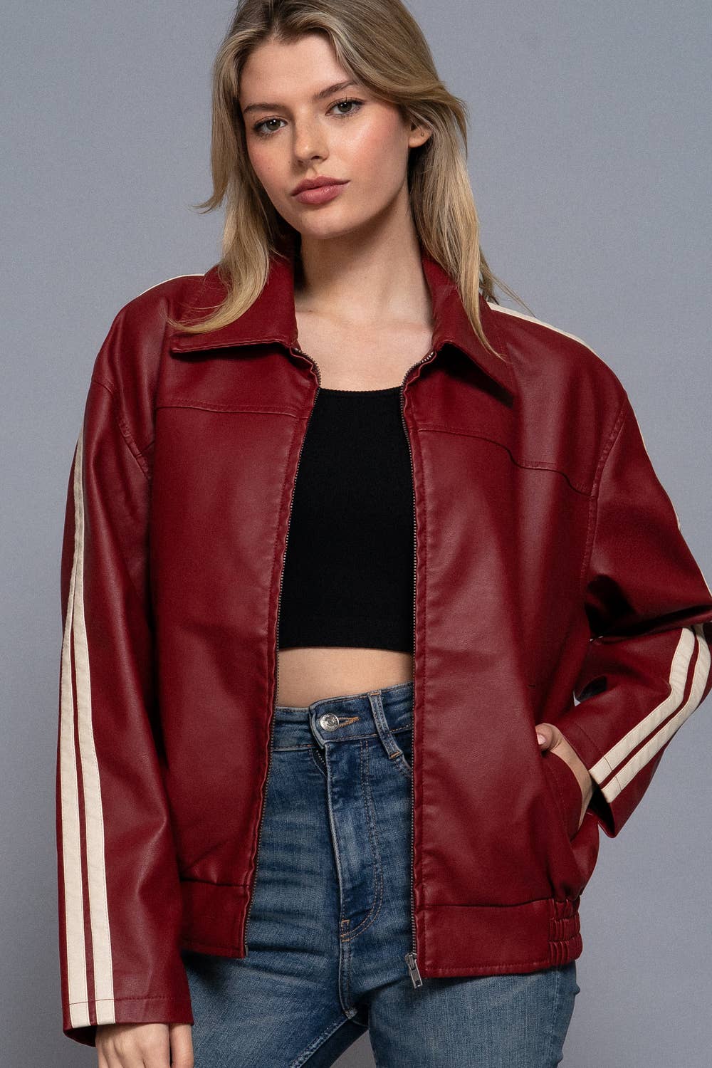 Long Sleeve Line Detail Faux Leather Jacket