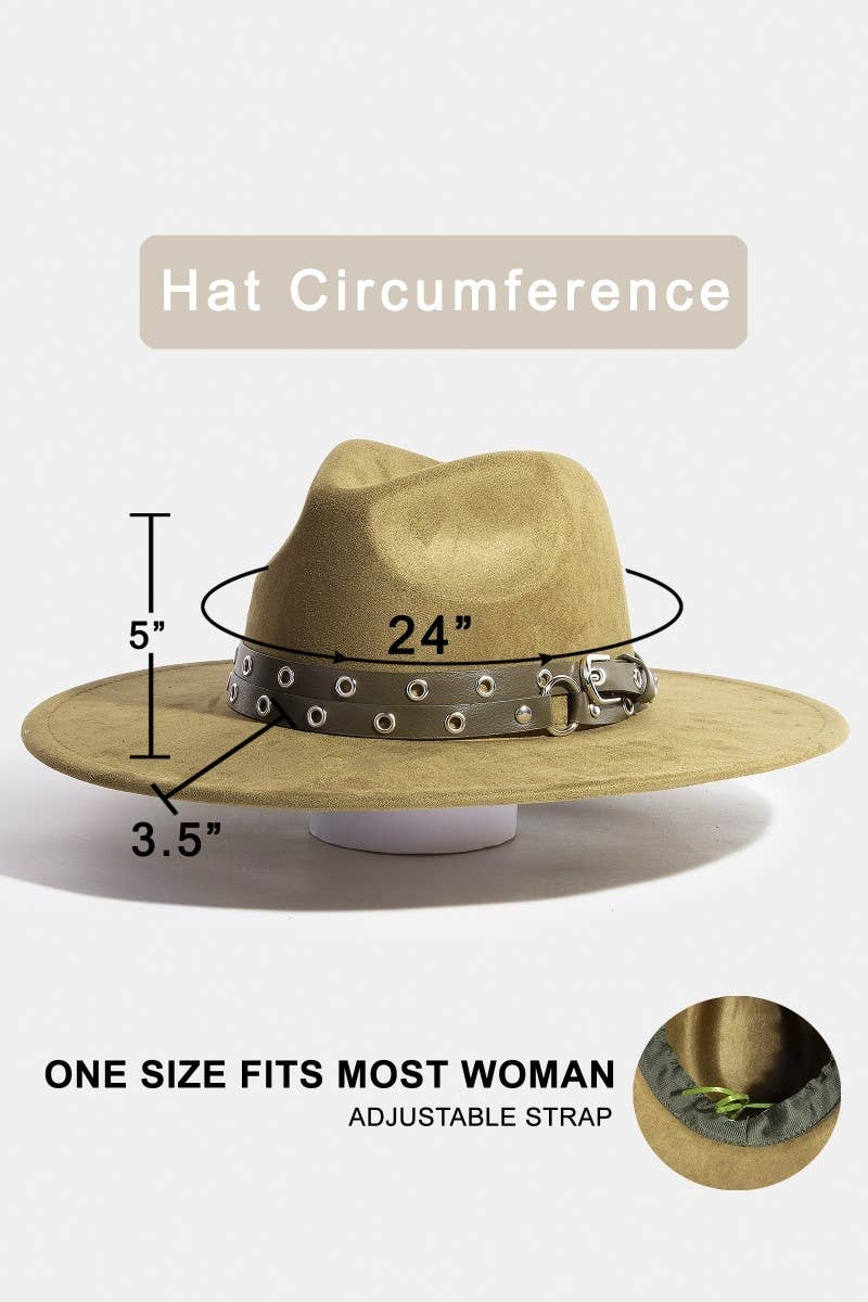 Double Grommet Strap Faux Suede Fedora Hat