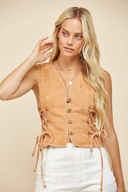 BOHO DENIM VEST TOP WITH LACE UP SIDES - W6402 RUST