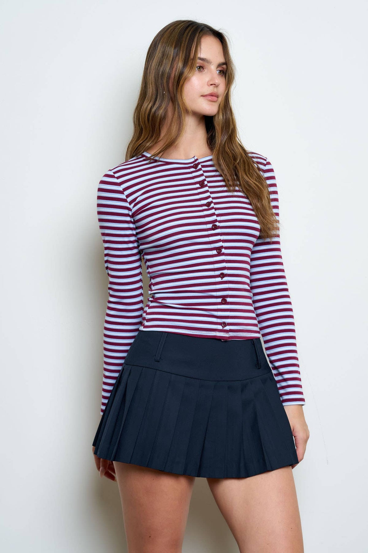 BUTTON DOWN CREW NECK STRIPED LONG SLEEVE KNIT TOP