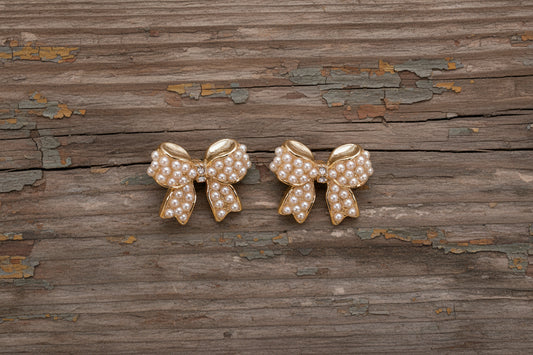 Mini Pearl Bow Ribbon Gold Earrings