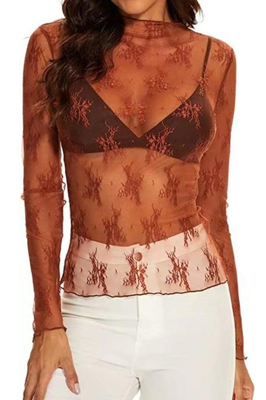 Lace Sheer Mesh Layering Slim T-shirt
