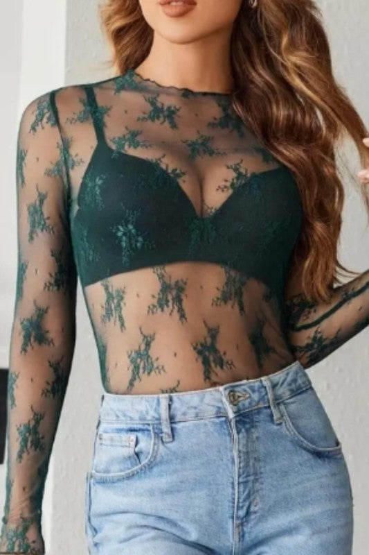 Lace Sheer Mesh Layering Slim T-shirt