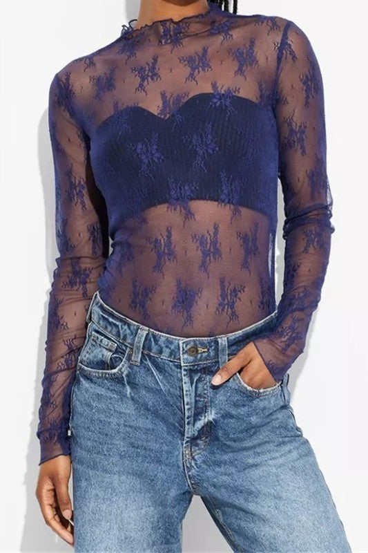Lace Sheer Mesh Layering Slim T-shirt