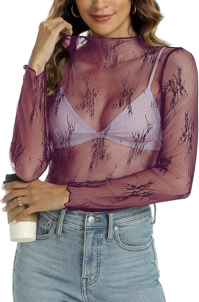 Lace Sheer Mesh Layering Slim T-shirt