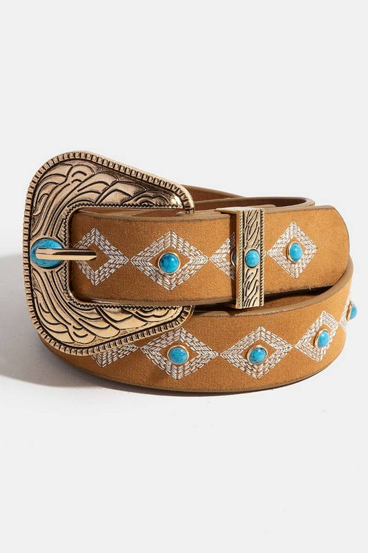 Turquoise Studs Western Concho Buckle Faux Leather Belt