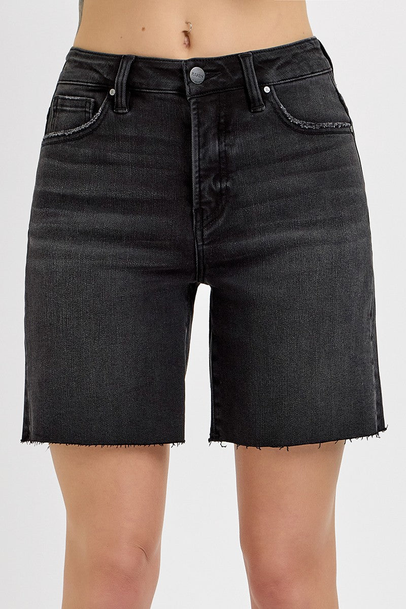 Tummy Control High Rise Mid Length Shorts-Black