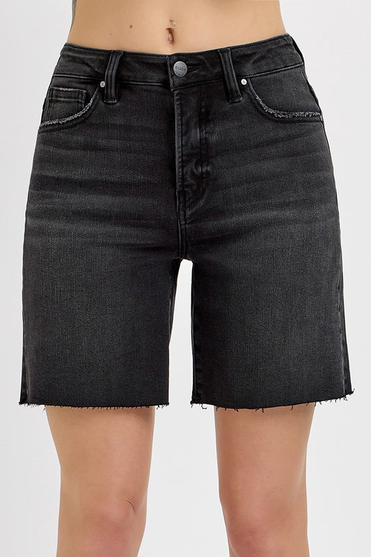 Tummy Control High Rise Mid Length Shorts-Black