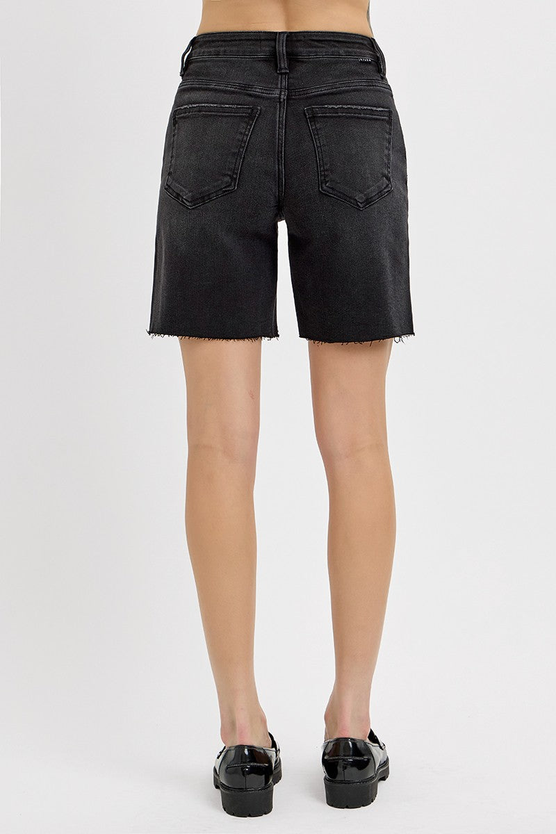 Tummy Control High Rise Mid Length Shorts-Black