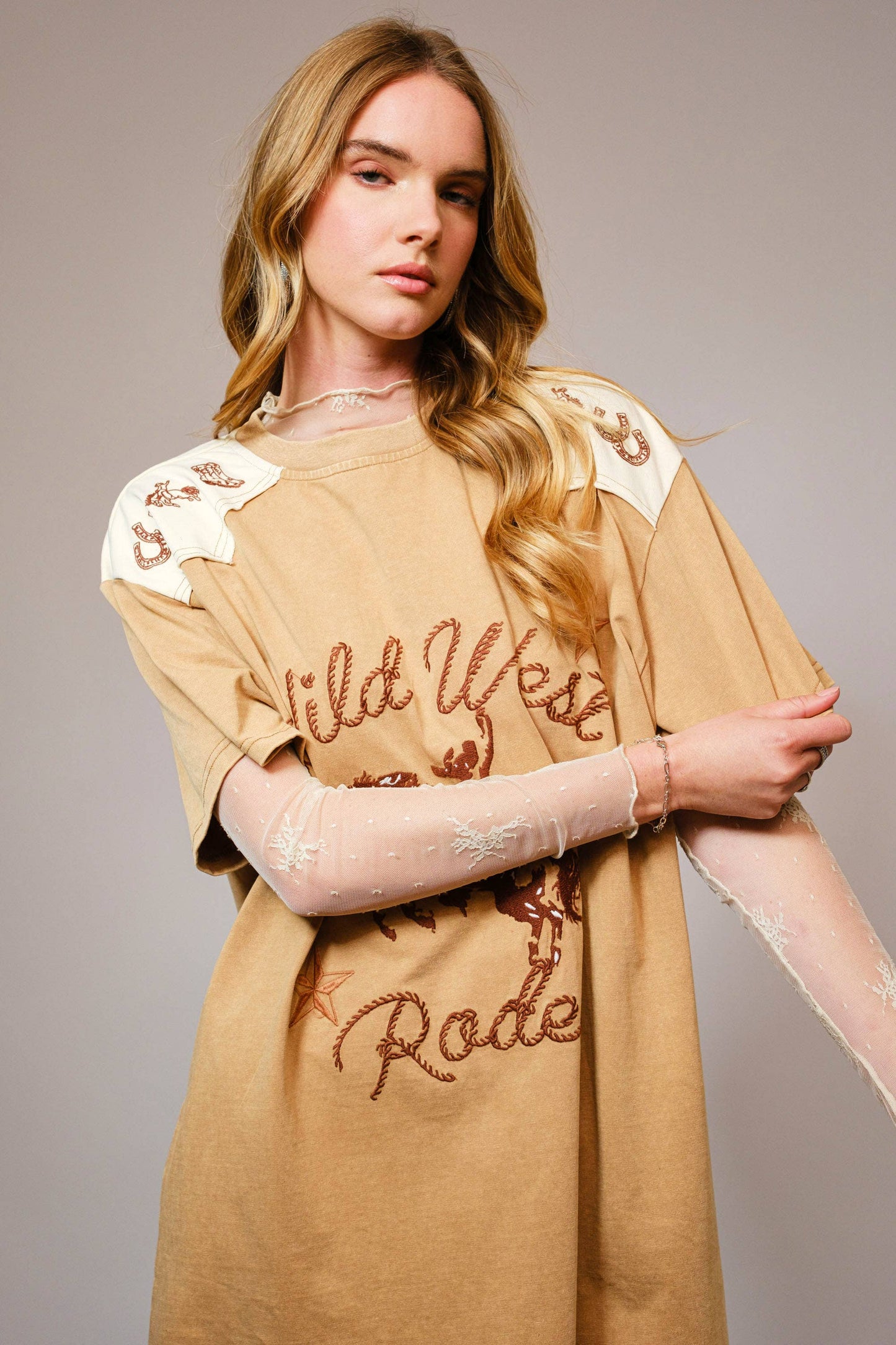 23549D - Garment Washed Embroidered Western Dress