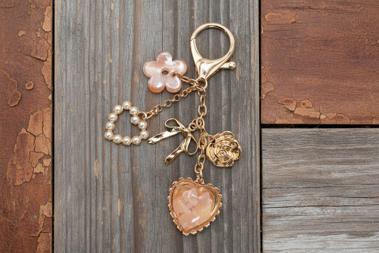 Bag Charm- Pressed Flower Bow Pearl Heart Charms