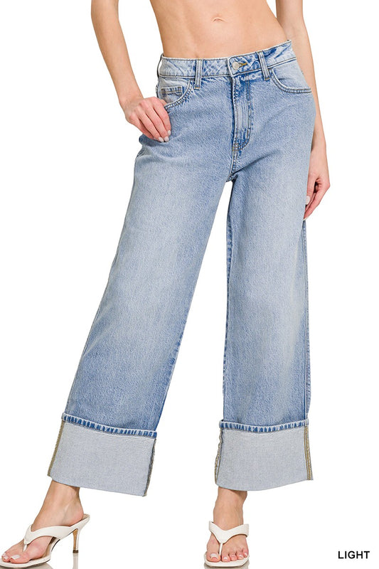 High Rise Cuffed Wide Leg Denim Pants