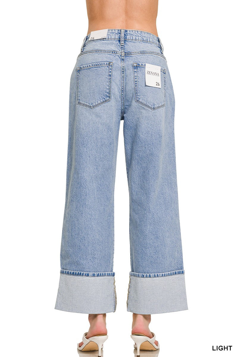 High Rise Cuffed Wide Leg Denim Pants