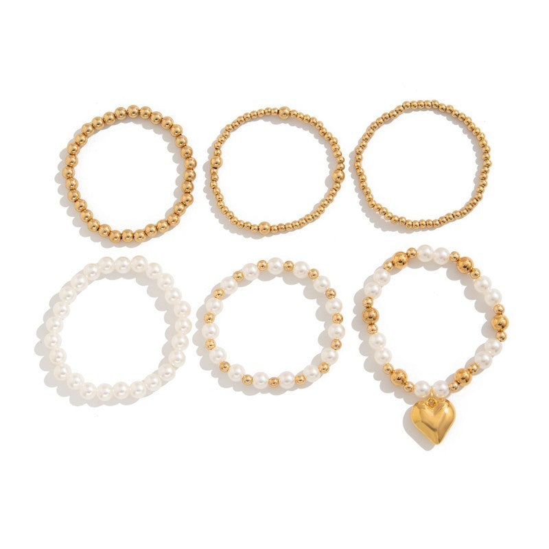 Multilayer Ball Pearl Chain Bead Heart Bracelet