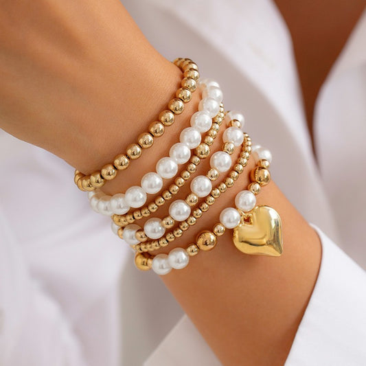 Multilayer Ball Pearl Chain Bead Heart Bracelet