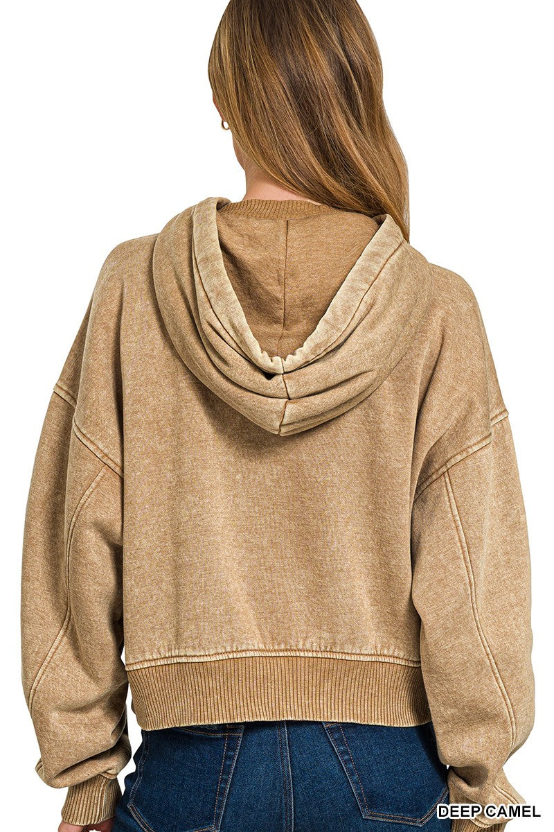 Acid Wash Fleece Hoodie- Deep Camel