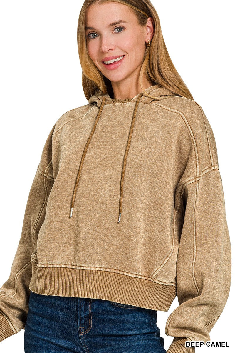 Acid Wash Fleece Hoodie- Deep Camel