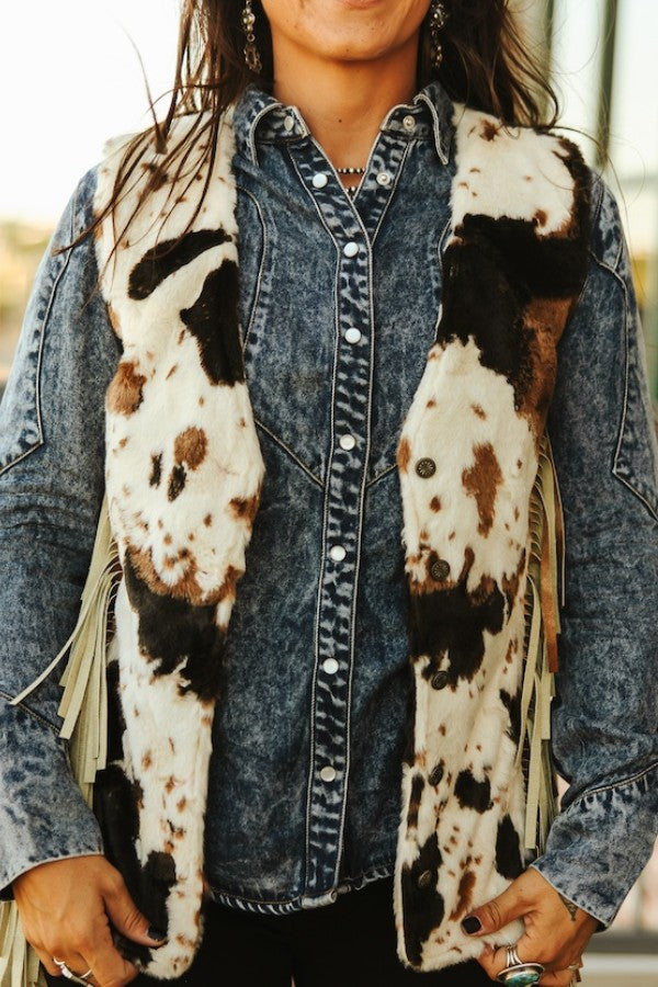 Cow Fur Concho Button Down Vest W Side Fringe