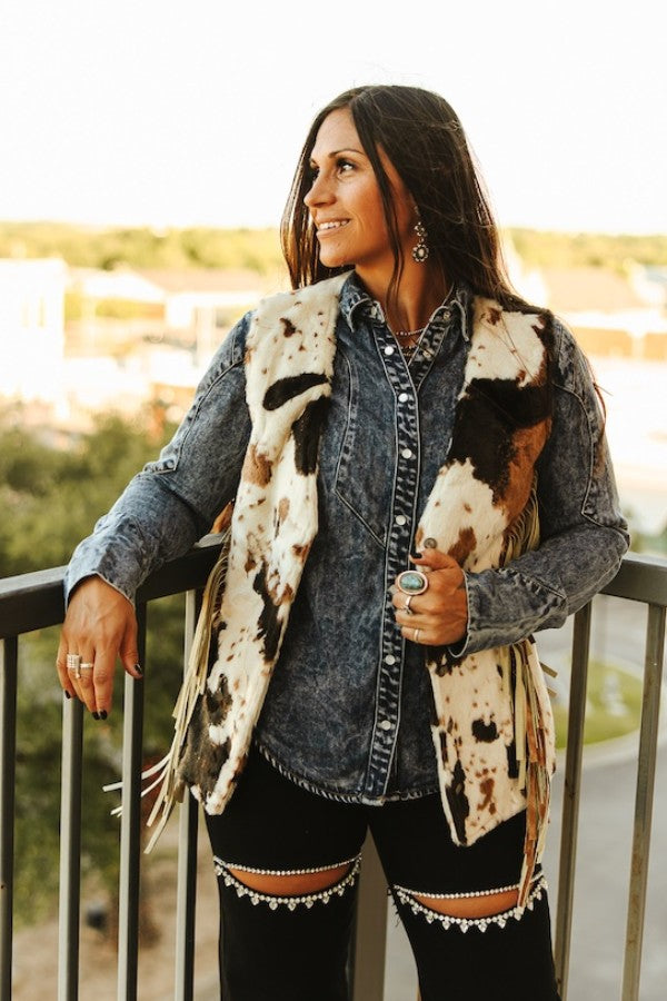 Cow Fur Concho Button Down Vest W Side Fringe