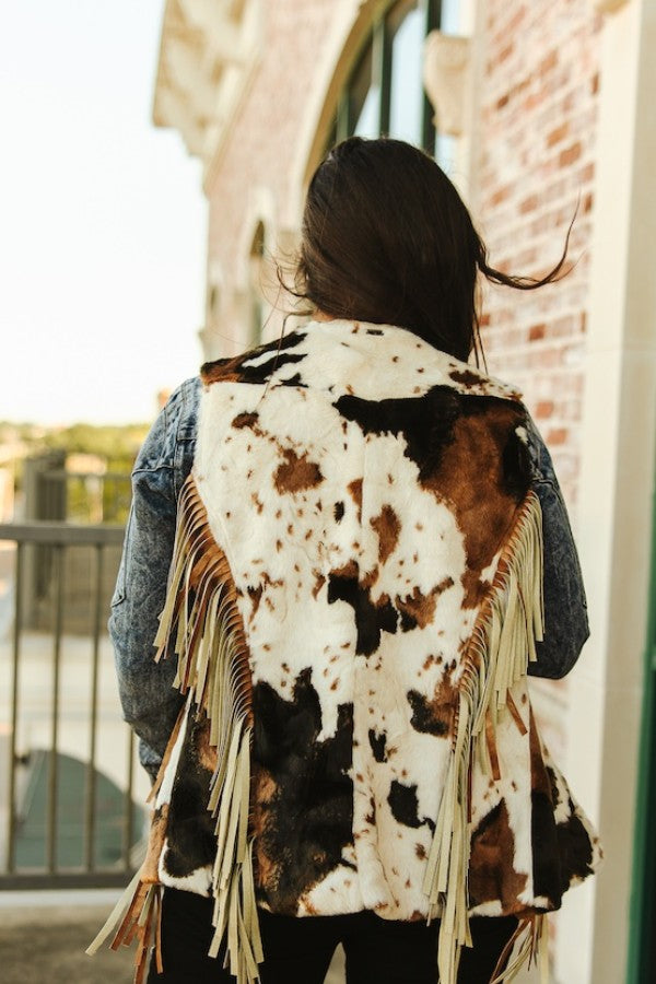 Cow Fur Concho Button Down Vest W Side Fringe