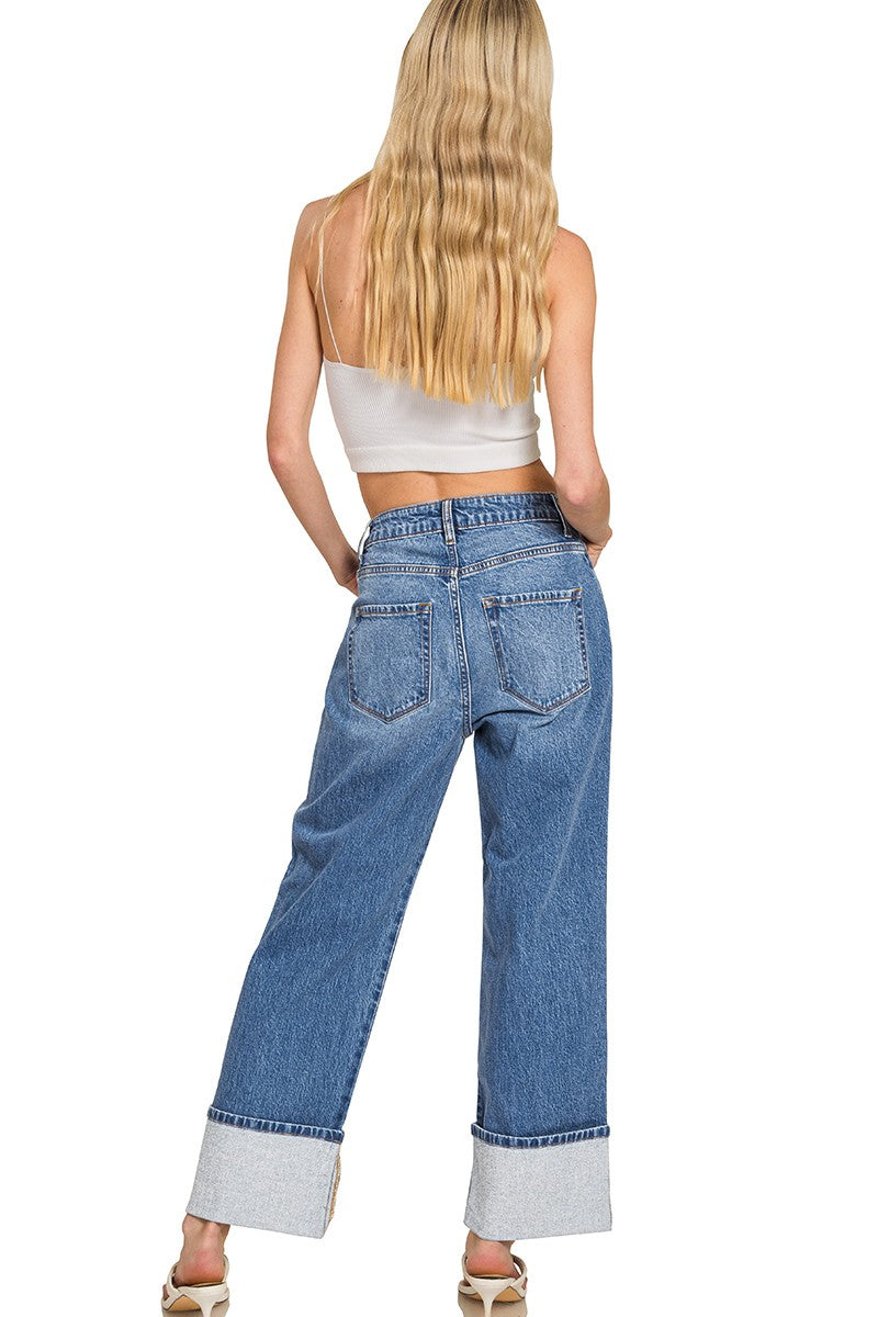 High Rise Cuffed Wide Leg Denim Pants