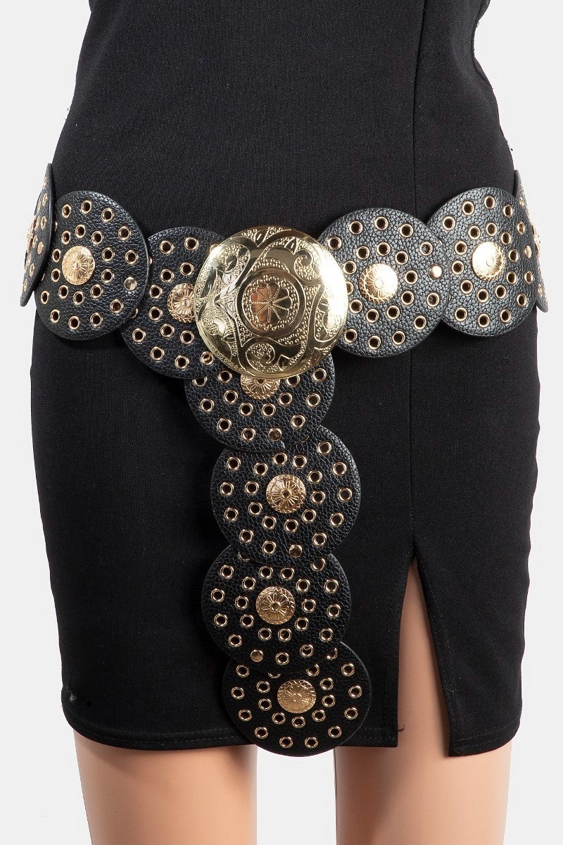 Vegan Leather Grommet Disc Chain Belt
