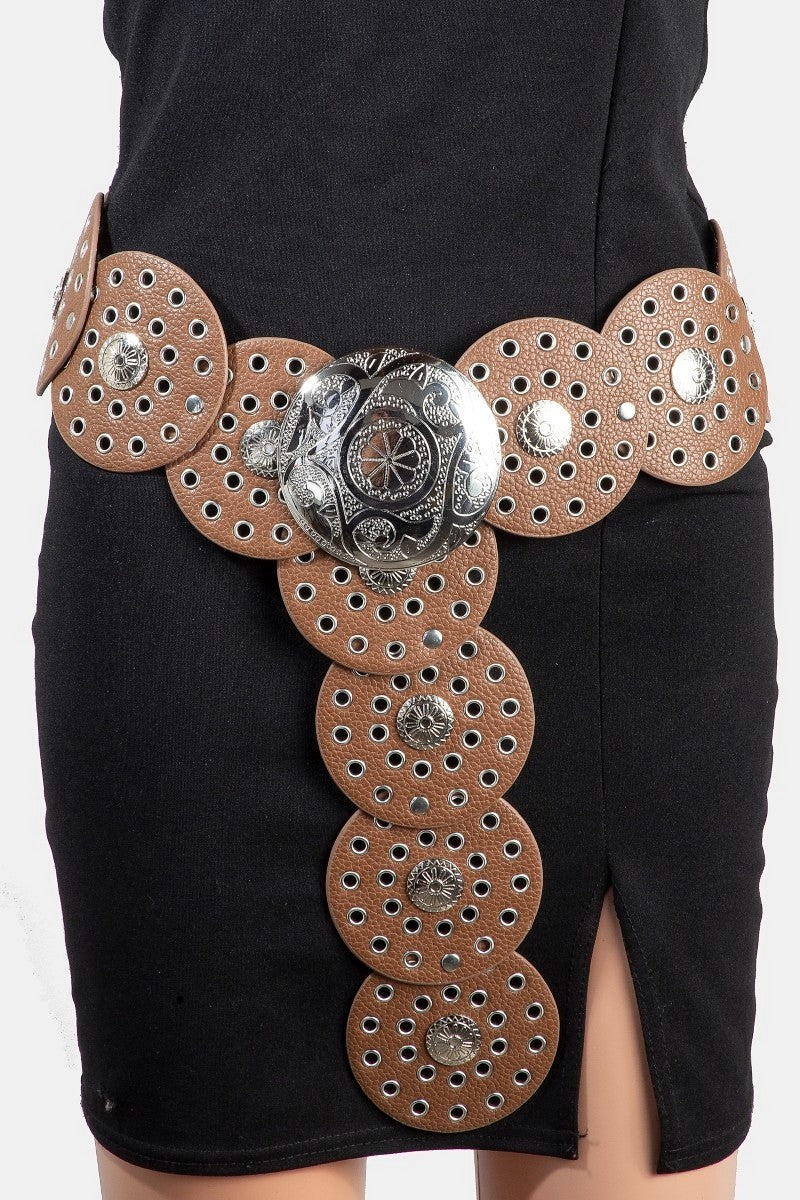 Vegan Leather Grommet Disc Chain Belt
