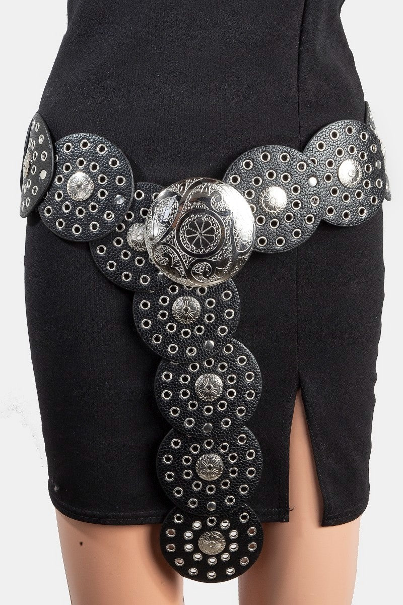 Vegan Leather Grommet Disc Chain Belt