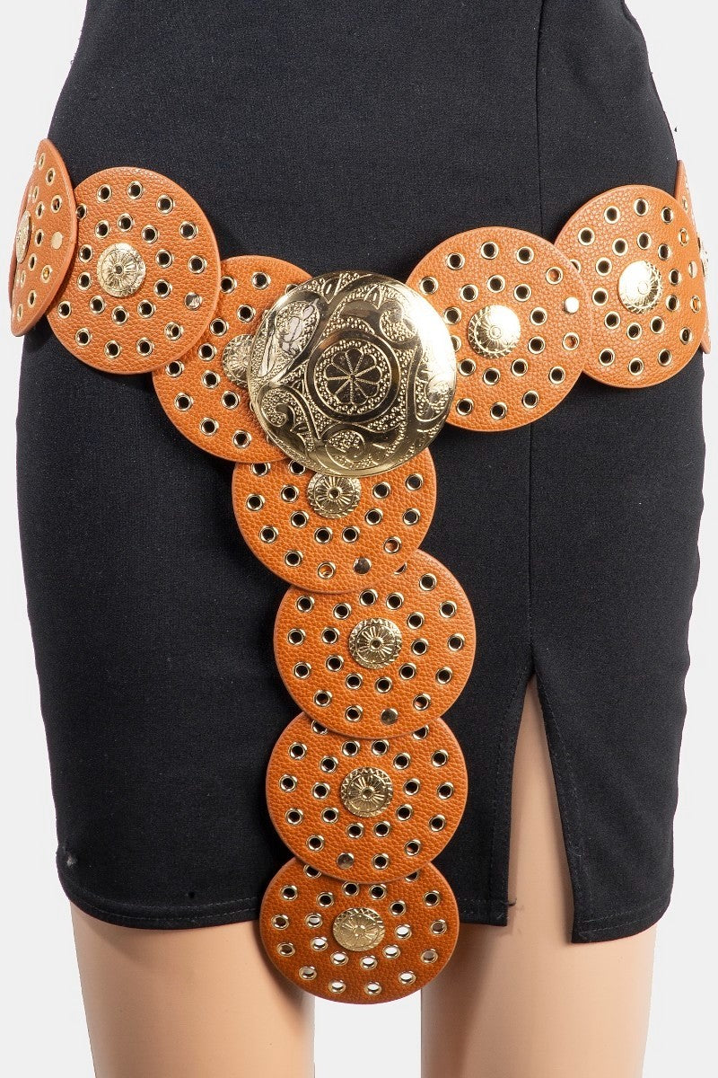 Vegan Leather Grommet Disc Chain Belt