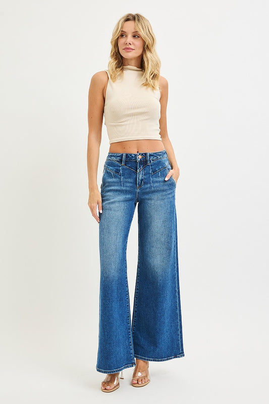 High Rise Wide Jeans With Front Yoke Seam Detail
